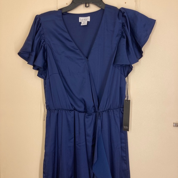 Nicole Miller Navy Blue Satin Wrap Dress High Low Cap Sleeve Size Small - Picture 3 of 8